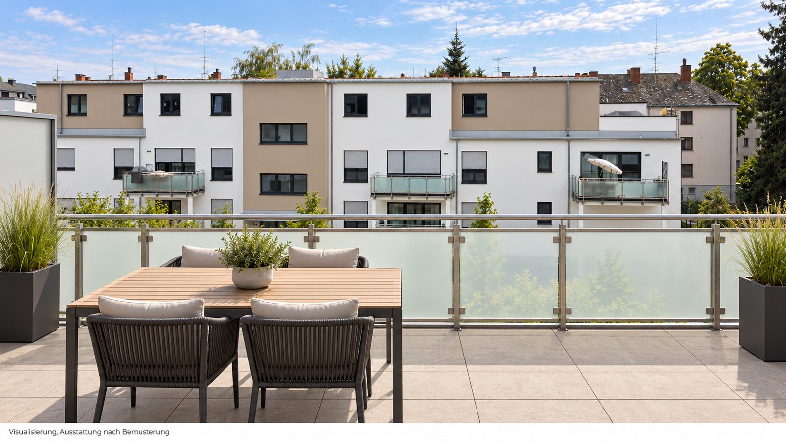 Dachterrasse mit Glasgeländer und Blick über die Nachbarbebauung, Visualisierung